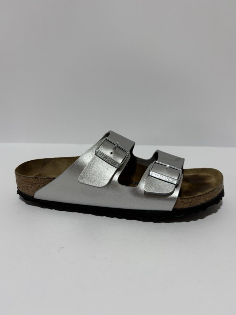 Birkenstock Women’s Arizona Silver Metallic Birko Sandals, Size US 9 N, EUR 40